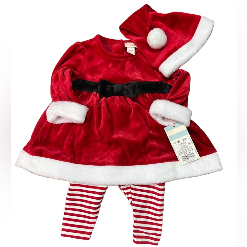 NEW Cat And Jack Baby 3 Piece Santa Velvet Red Dress Hat & Leggings Set 0-3M